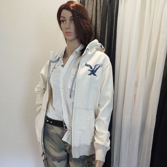American Eagle Cream-colored Zippered Fleece Hoodie Jacket, size Small - Picture 2 of 9